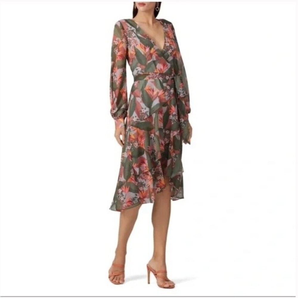 BADGLEY Mischka Multi Floral Ruffle Midi Faux Wrap Dress.